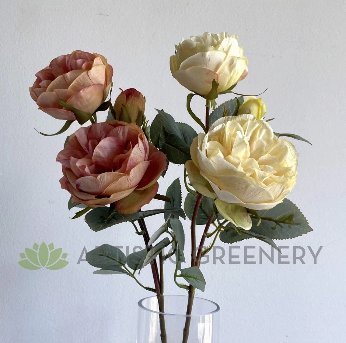 F0378 Rustic David Austin Rose Spray 56cm Cream / Pink