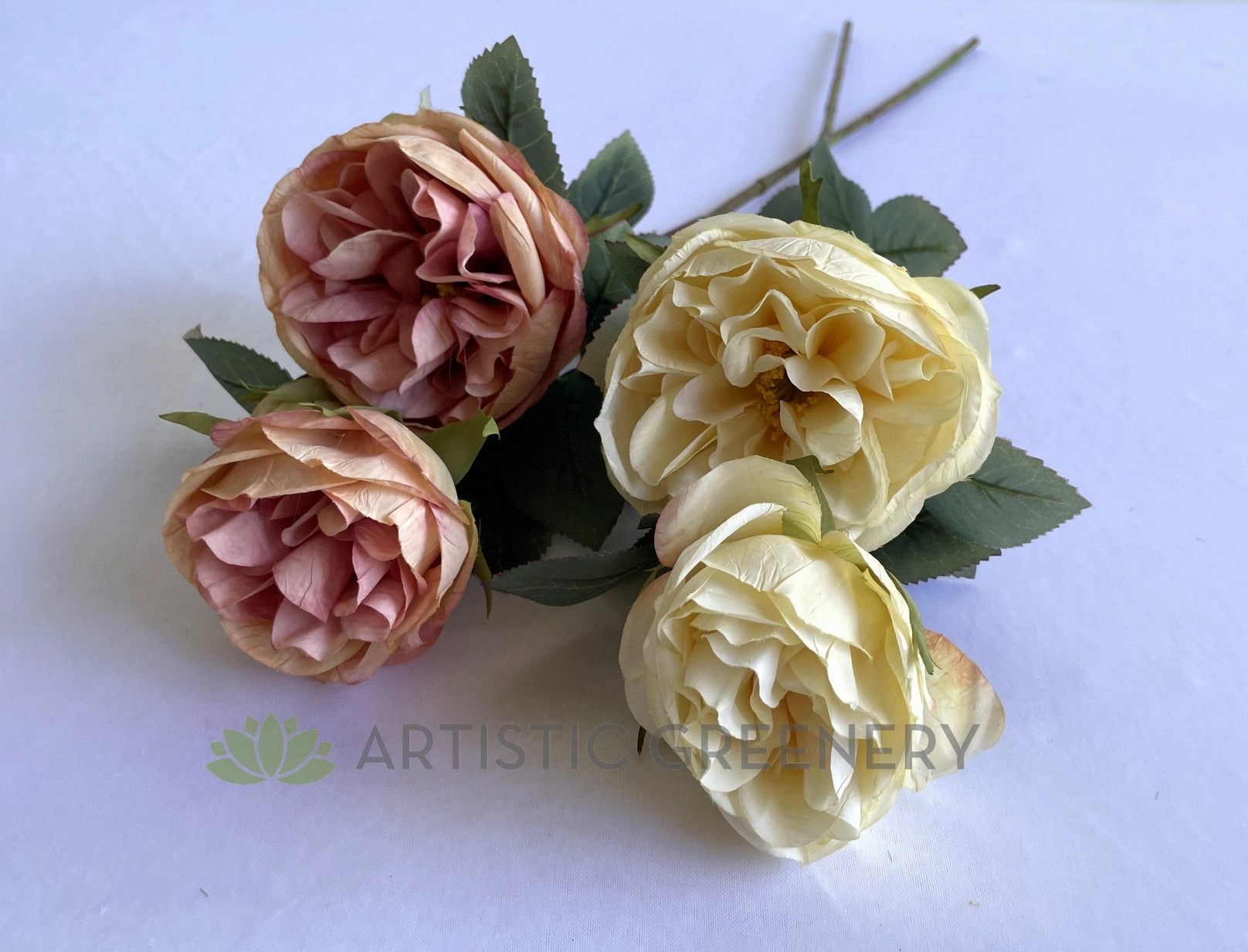 F0378 Rustic David Austin Rose Spray 56cm Cream / Pink