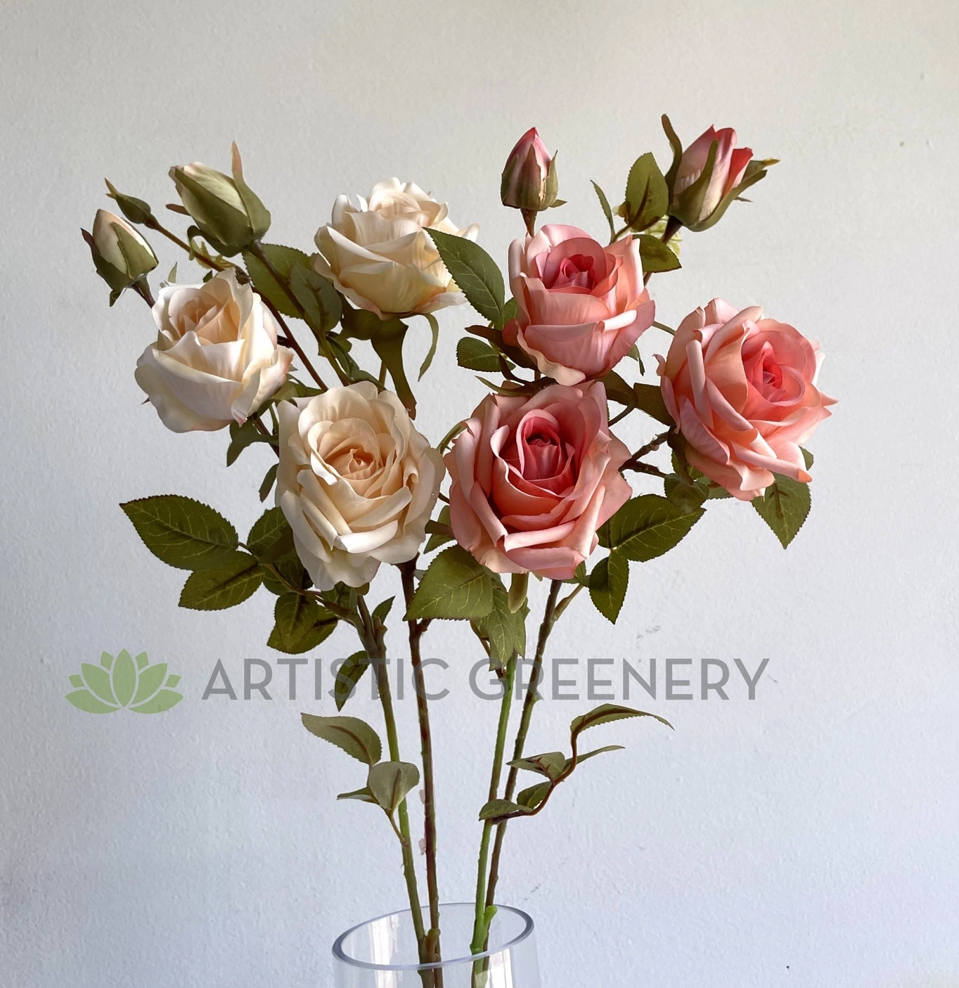 F0380 Rustic Style Rose Spray 65cm Cream / Pink