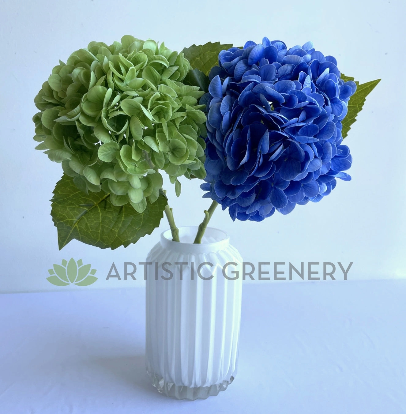 F0395 Hydrangea Stem (Real Touch) 50cm Light Green / Blue
