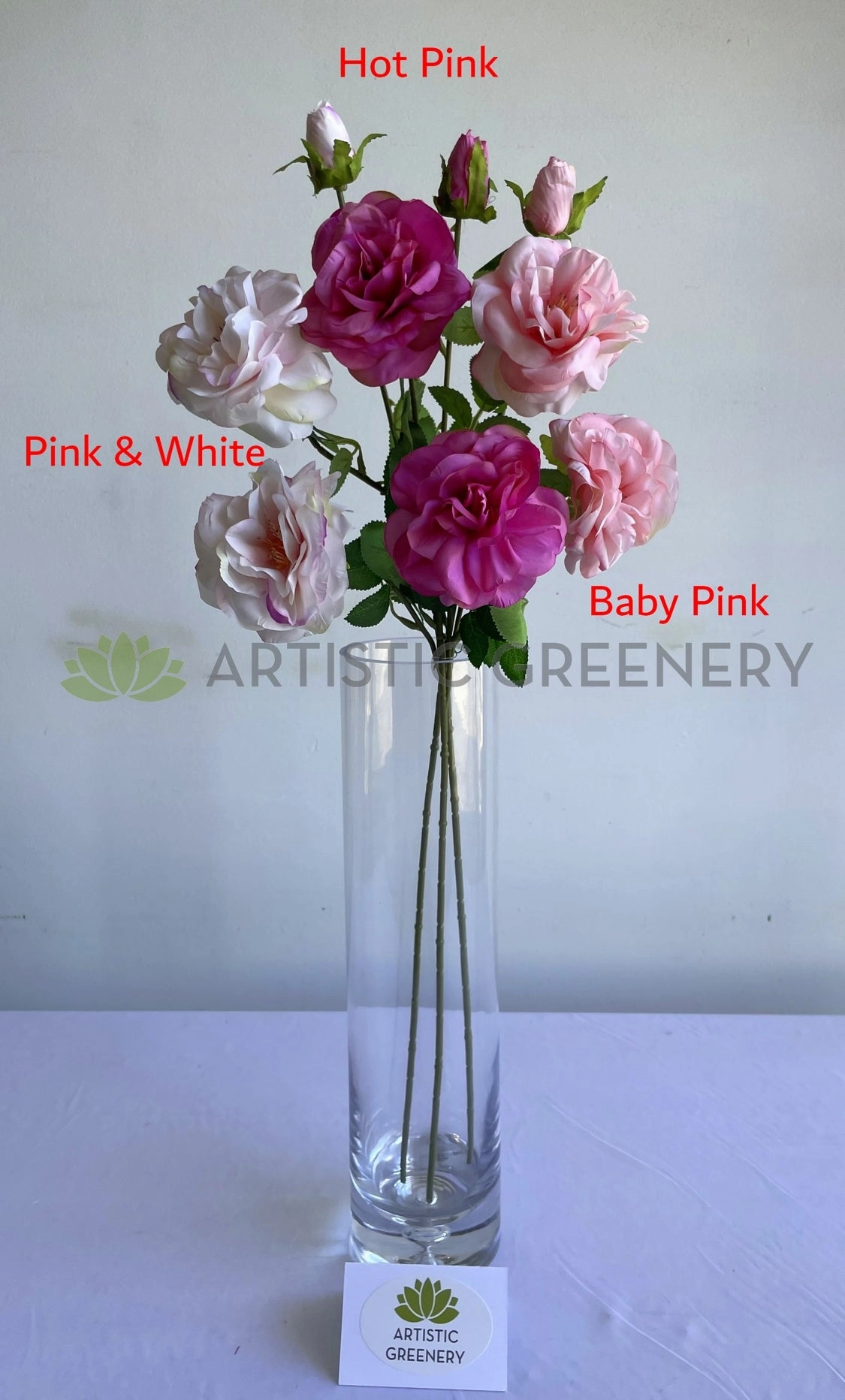 F0427 Amelia / Garden Rose Spray 64cm Pink & White / Hot Pink / Baby Pink