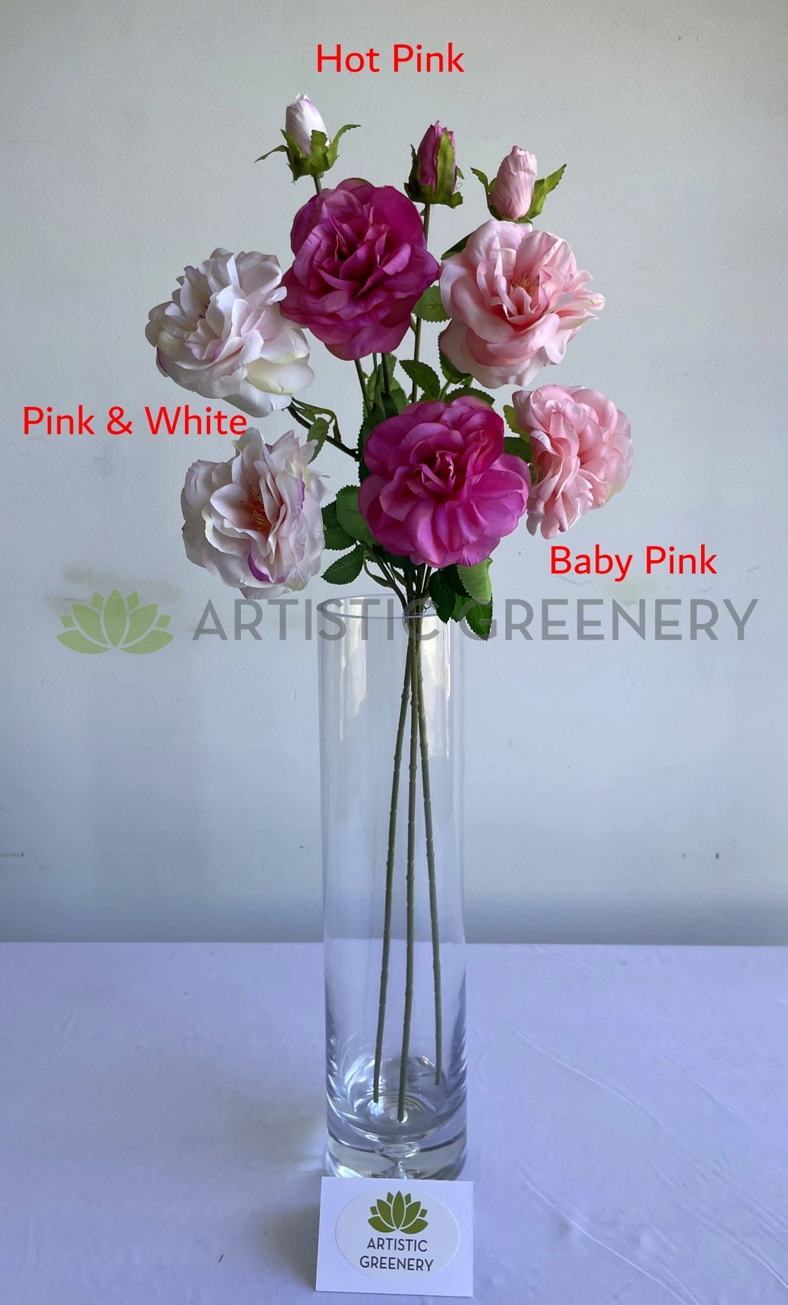 F0427 Amelia / Garden Rose Spray 64cm Pink & White / Hot Pink / Baby Pink