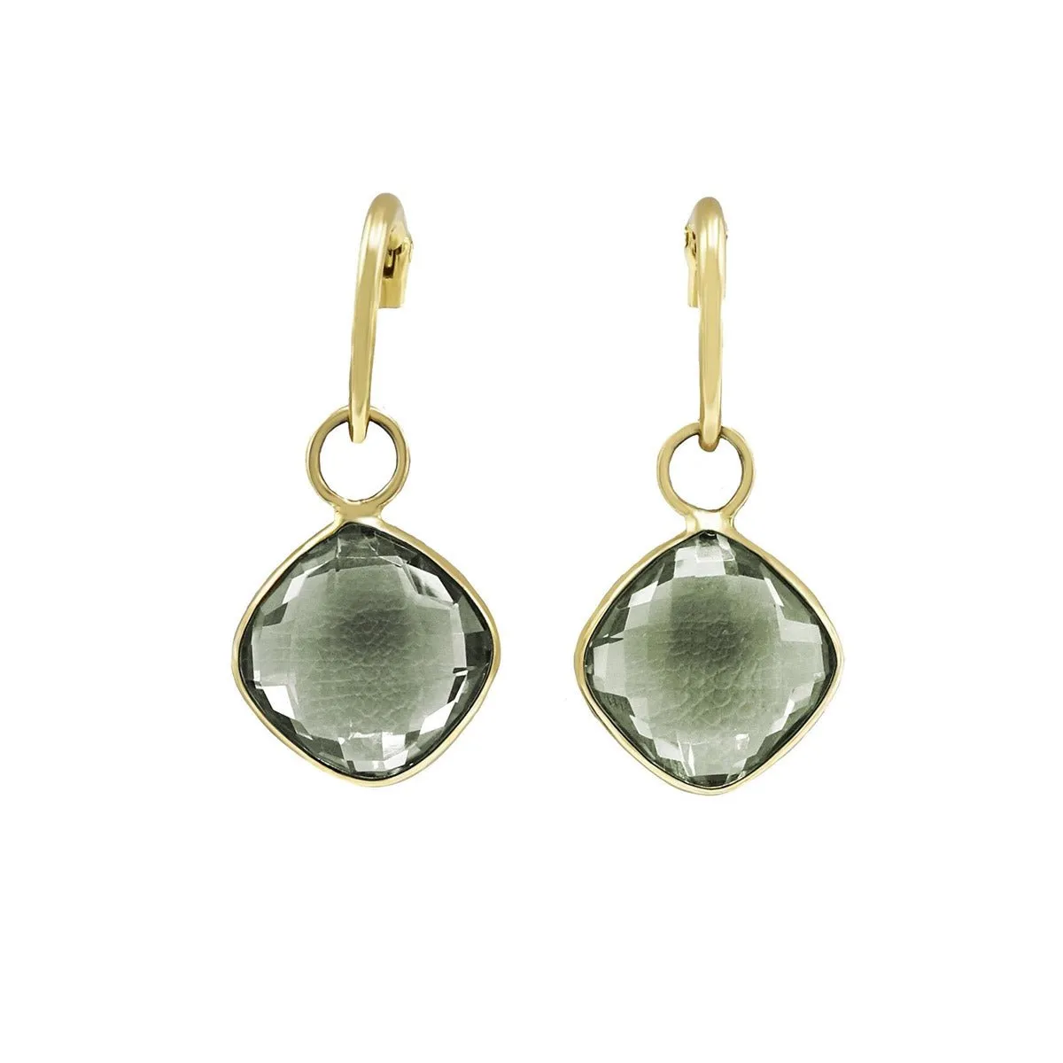 Faceted Cushion Shaped Green Amethyst Drop Earrings - 18ct Yellow Gold