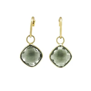 Faceted Cushion Shaped Green Amethyst Drop Earrings - 18ct Yellow Gold