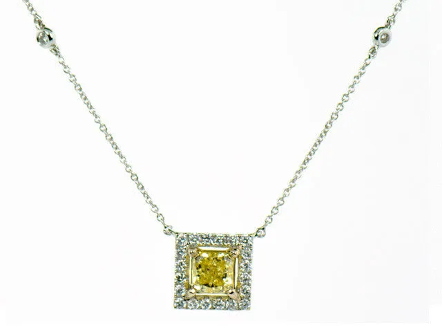 Fancy Intense Yellow Diamond Halo Necklace 1.64ctw in 18K