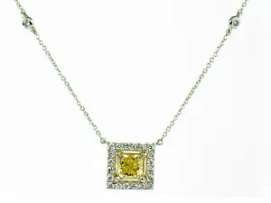 Fancy Intense Yellow Diamond Halo Necklace 1.64ctw in 18K