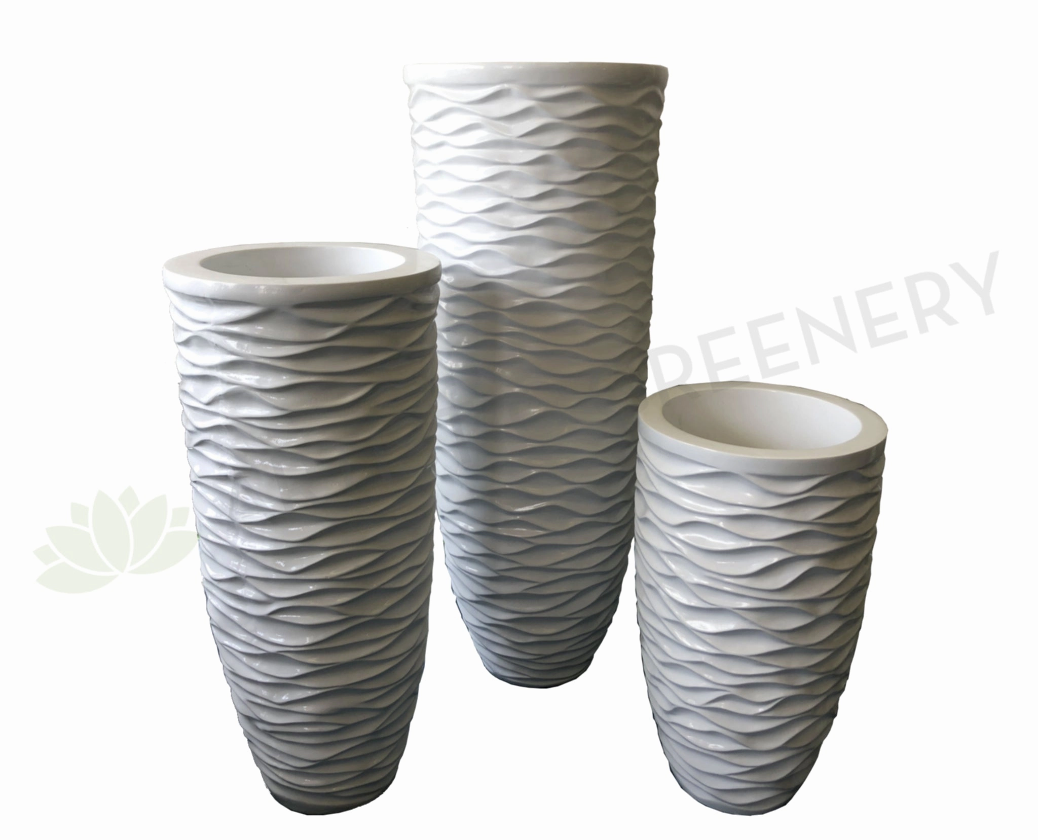 Fiberglass Round Pot Ripple Pattern- White (Code: FG44001) outdoor greenery  