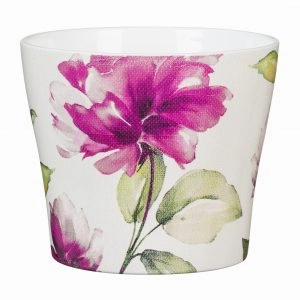 Floral Print Ceramic Cover Pot Burgundy Rose  (808) tall green plant  
