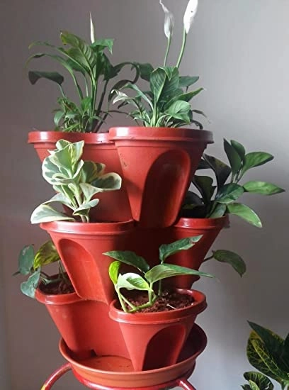 Flower Planter Set (3 Pot   1 Bottom Tray), Brown