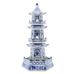 Four Tier Blue and White Porcelain Pagoda Statue dried flowers  