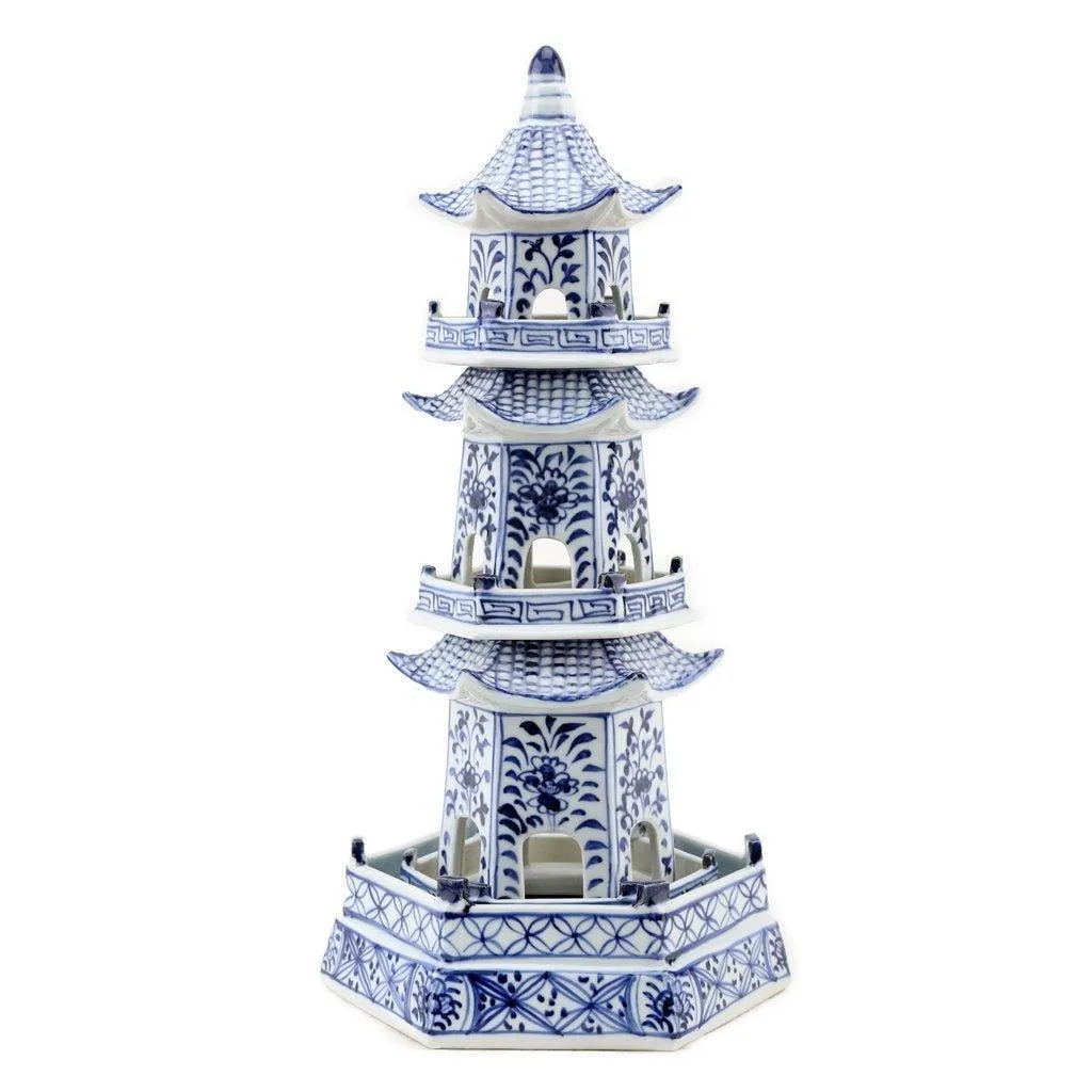 Four Tier Blue and White Porcelain Pagoda Statue dried flowers  