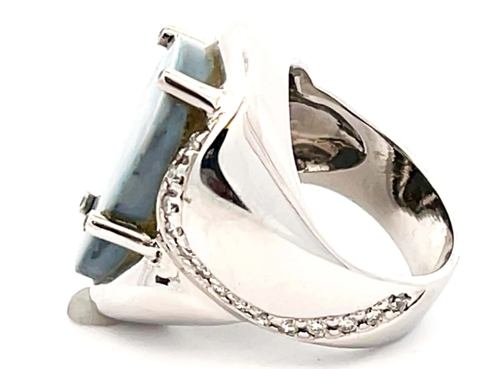 Freeform Black Opal Triangle and Diamond Ring in 18k White Gold
