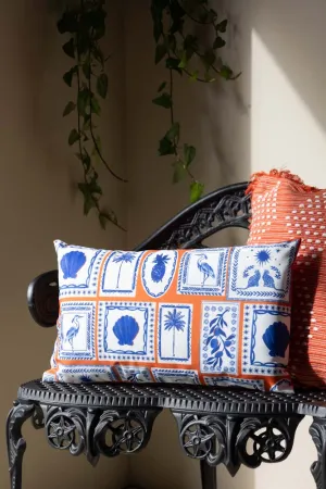 Frieze Pattern Blue & Orange Outdoor Cushion dried flowers  