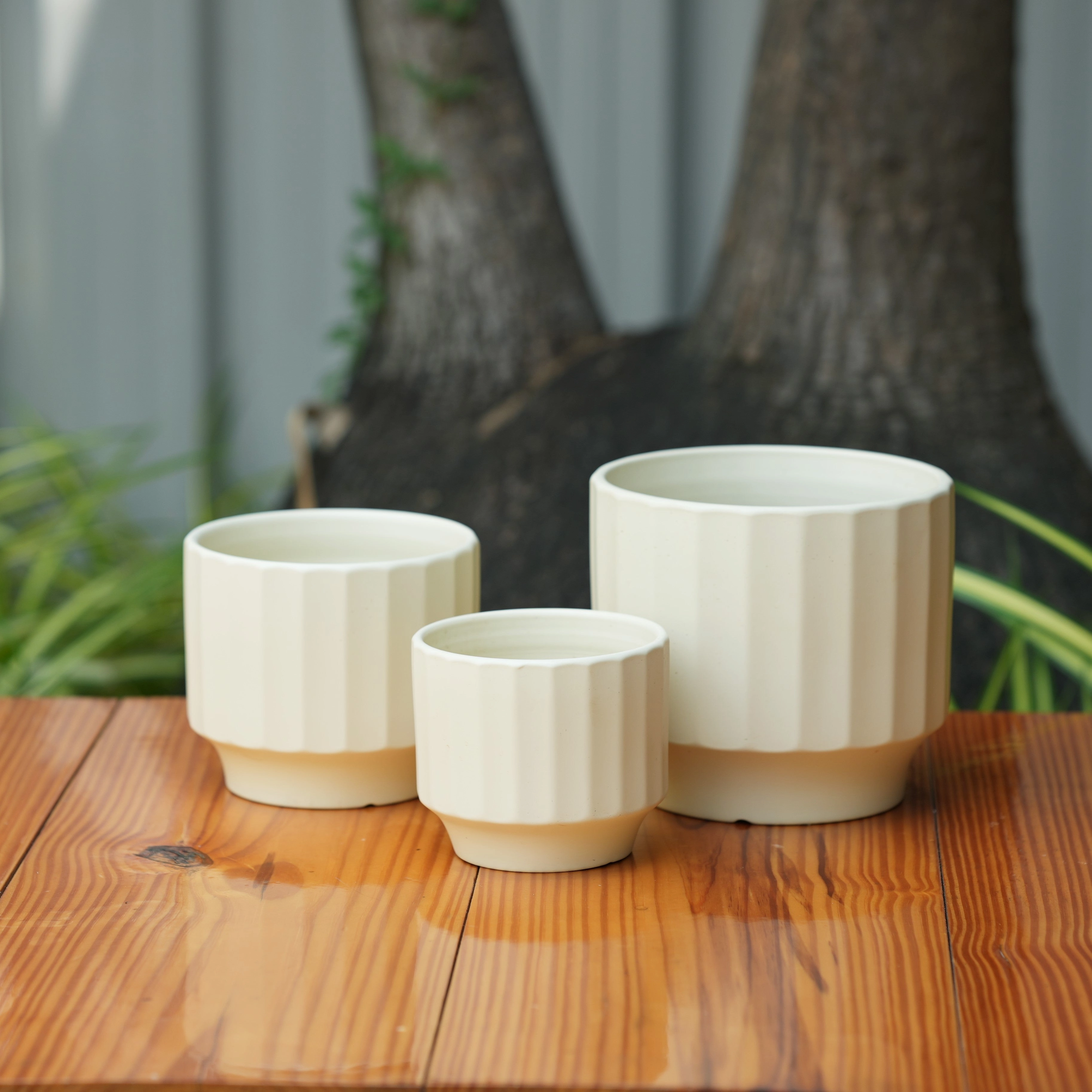 Gamla Ribbed Ceramic Planter (Cream)