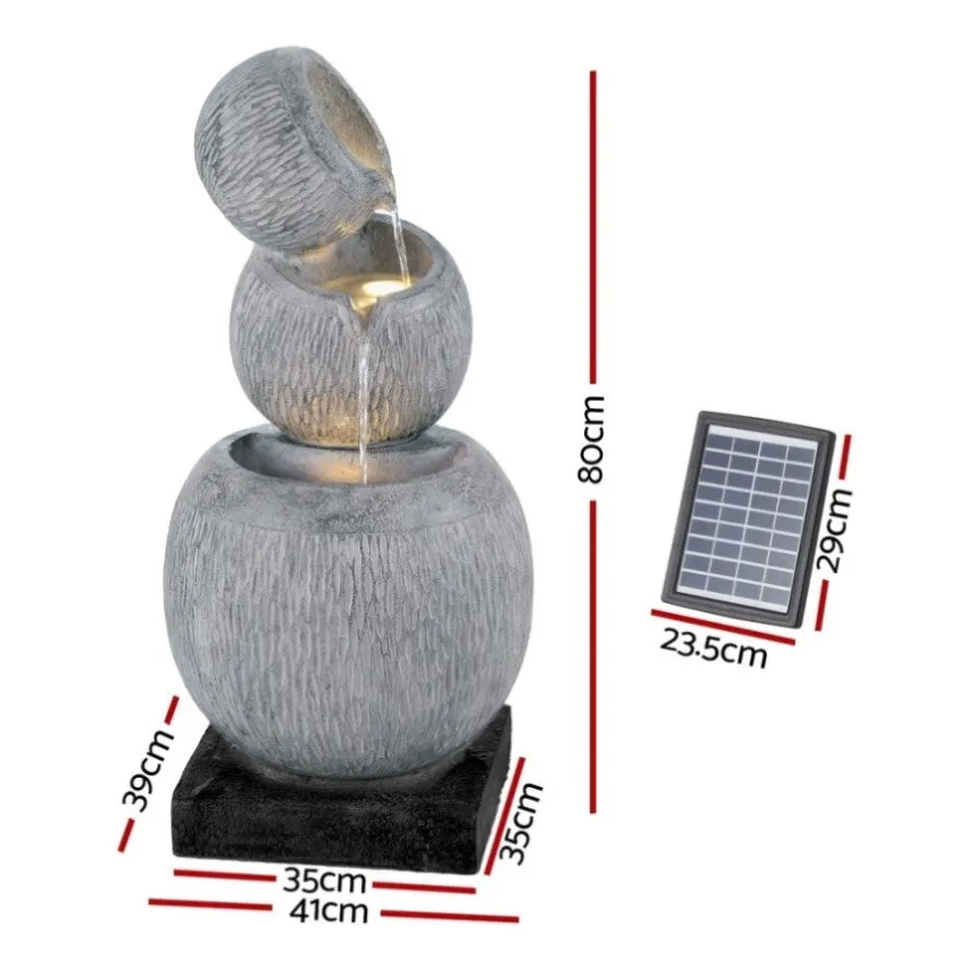 Gardeon Solar Fountain Water Feature Bird Bath Garden LED Light 80CM Grey FOUNT-BALL-3LVL-80-GY