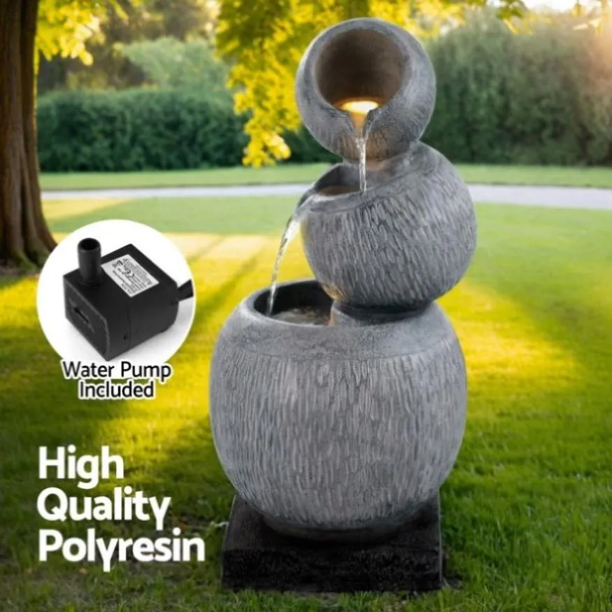 Gardeon Solar Fountain Water Feature Bird Bath Garden LED Light 80CM Grey FOUNT-BALL-3LVL-80-GY