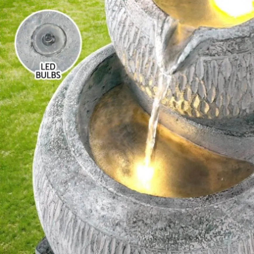 Gardeon Solar Fountain Water Feature Bird Bath Garden LED Light 80CM Grey FOUNT-BALL-3LVL-80-GY