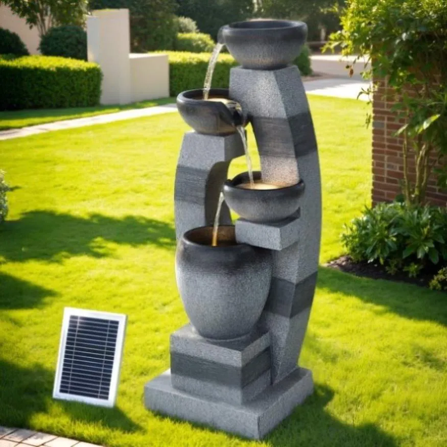 Gardeon Solar Fountain Water Feature Outdoor Fountain Indoor 3-Tier Bowl Cascading Grey FOUNT-MUSHROOM-4LVL-GR