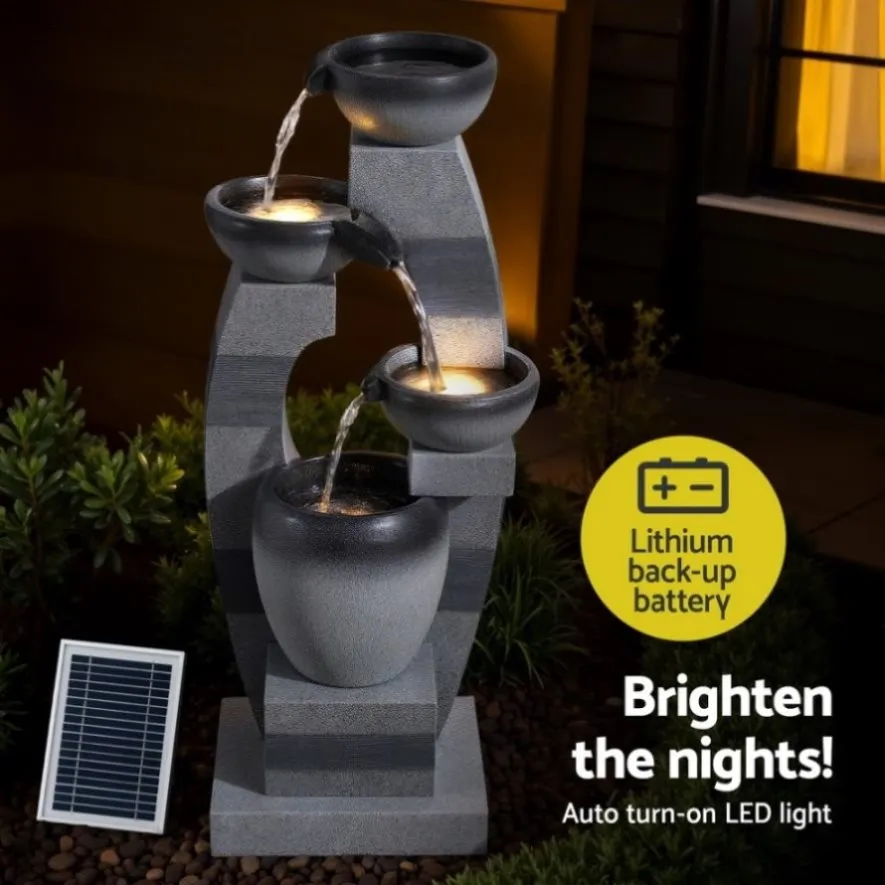 Gardeon Solar Fountain Water Feature Outdoor Fountain Indoor 3-Tier Bowl Cascading Grey FOUNT-MUSHROOM-4LVL-GR