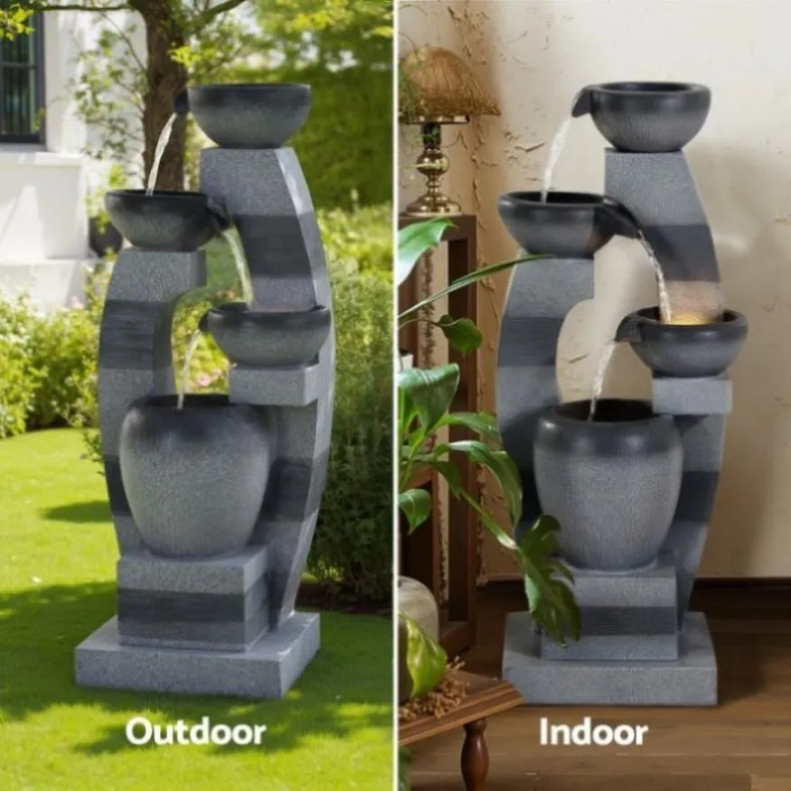 Gardeon Solar Fountain Water Feature Outdoor Fountain Indoor 3-Tier Bowl Cascading Grey FOUNT-MUSHROOM-4LVL-GR