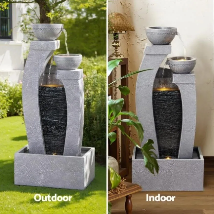 Gardeon Solar Fountain Water Feature Outdoor Fountain Indoor 3-Tier Cascading Grey FOUNT-B-MUSHROOM-2LVL-GR