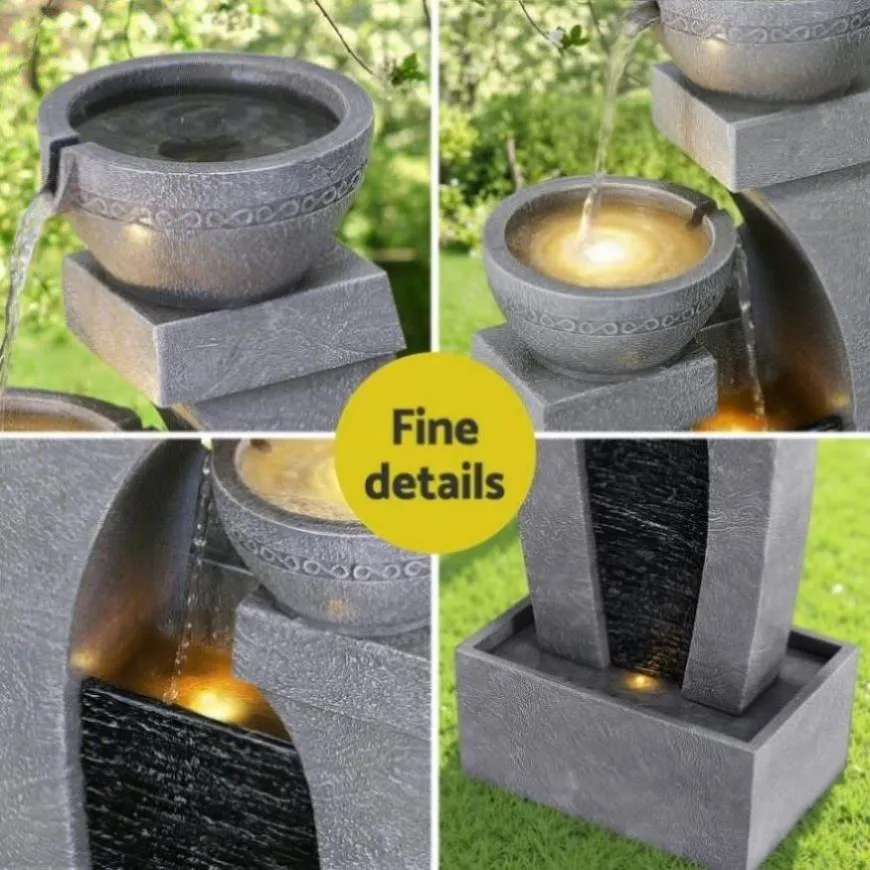 Gardeon Solar Fountain Water Feature Outdoor Fountain Indoor 3-Tier Cascading Grey FOUNT-B-MUSHROOM-2LVL-GR