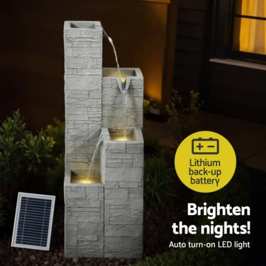 Gardeon Solar Fountain Water Feature Outdoor Indoor 4-Tier Square Cascading Beige FOUNT-SQUARE-4LVL-BG