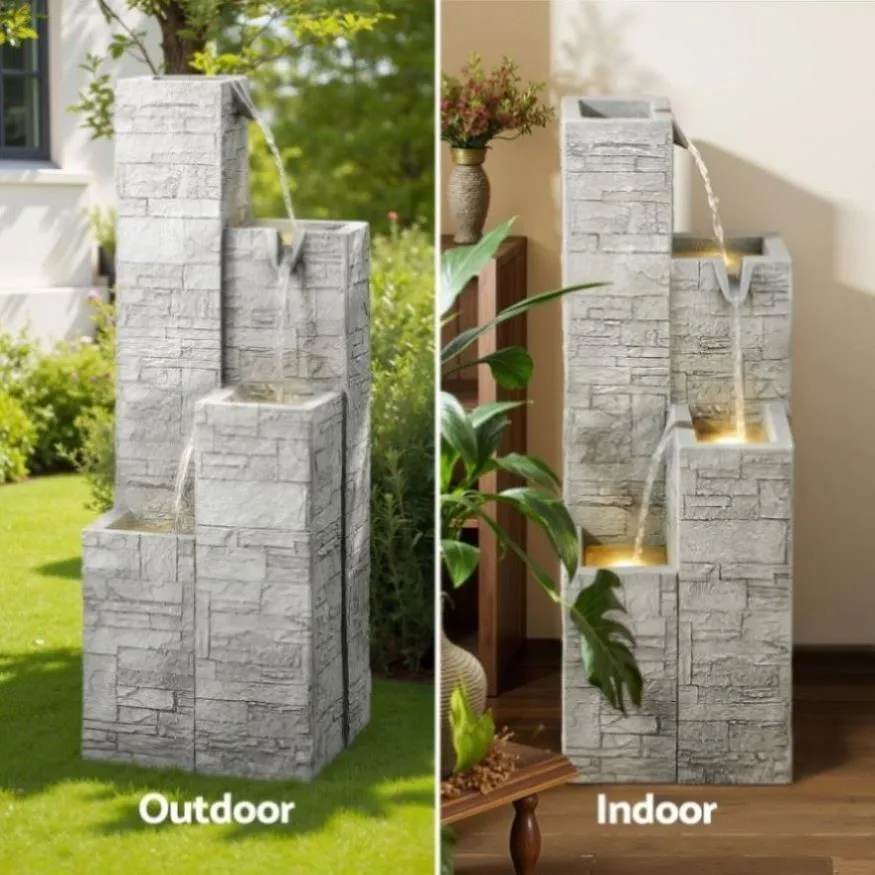 Gardeon Solar Fountain Water Feature Outdoor Indoor 4-Tier Square Cascading Beige FOUNT-SQUARE-4LVL-BG