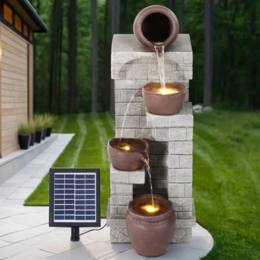 Gardeon Solar Fountain Water Feature Pot Outdoor Indoor 4-Tier Cascading Brown FOUNT-B-BOWL-4LVL-BR