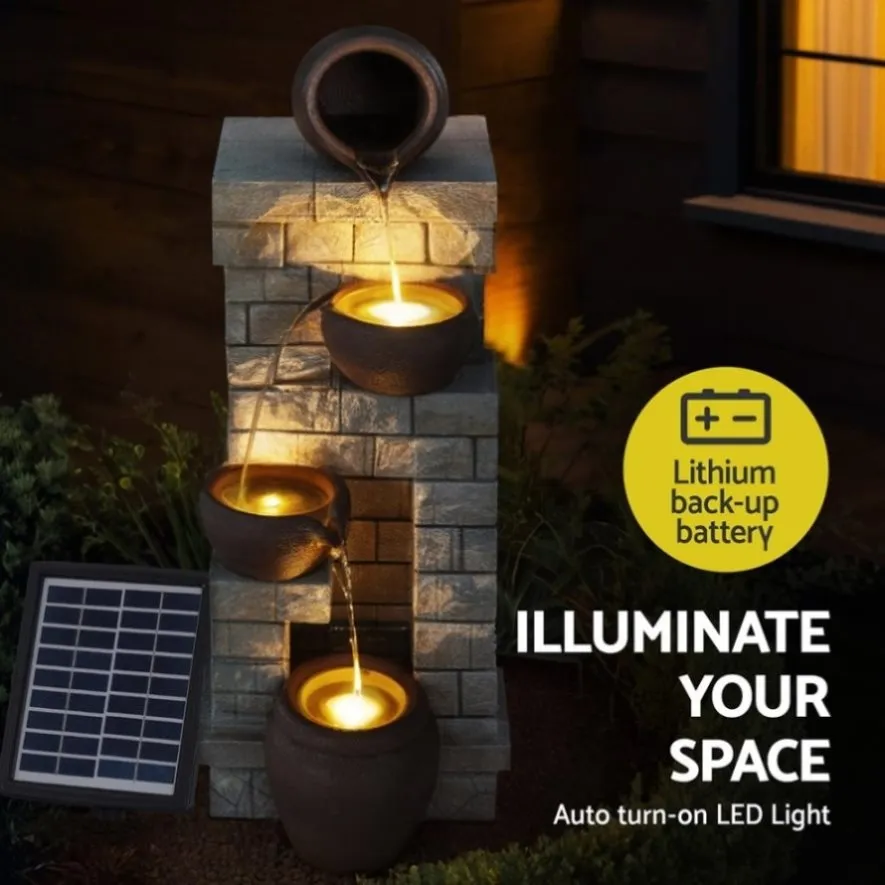 Gardeon Solar Fountain Water Feature Pot Outdoor Indoor 4-Tier Cascading Brown FOUNT-B-BOWL-4LVL-BR