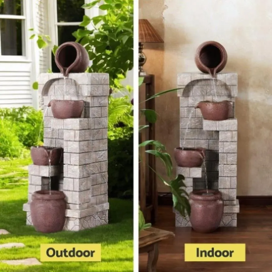 Gardeon Solar Fountain Water Feature Pot Outdoor Indoor 4-Tier Cascading Brown FOUNT-B-BOWL-4LVL-BR