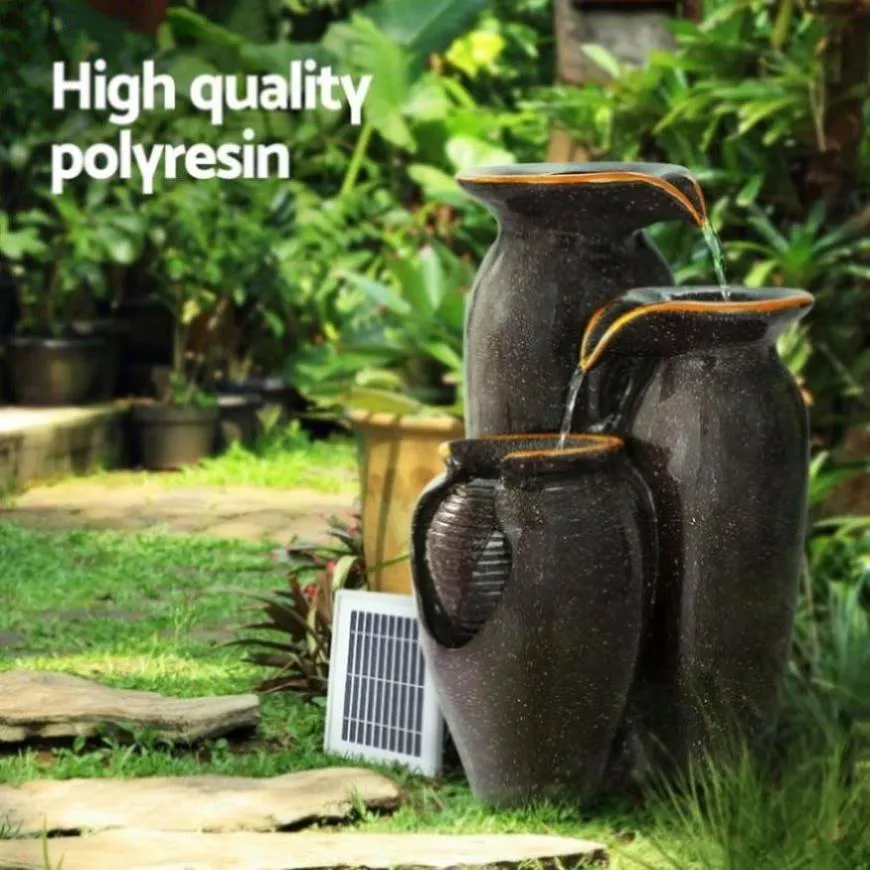 Gardeon Solar Fountain Water Fountain Feature Cascading Fountain LED Lights 76CM Grey FOUNT-STEAN-3LVL-BR
