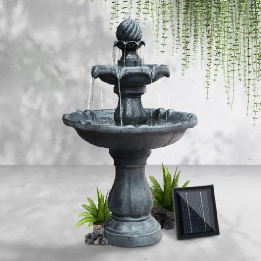 Gardeon Solar Water Feature 3-Tier Fountain with Pump Kit Bird Bath 93CM Black FOUNT-3LVL-BK