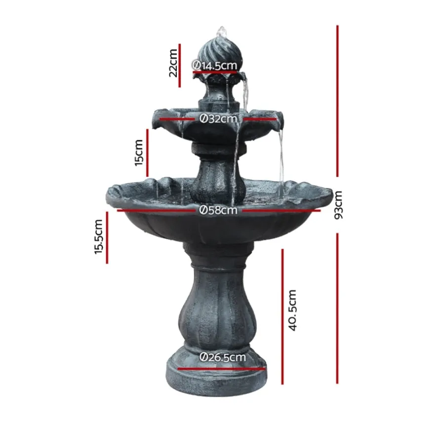 Gardeon Solar Water Feature 3-Tier Fountain with Pump Kit Bird Bath 93CM Black FOUNT-3LVL-BK
