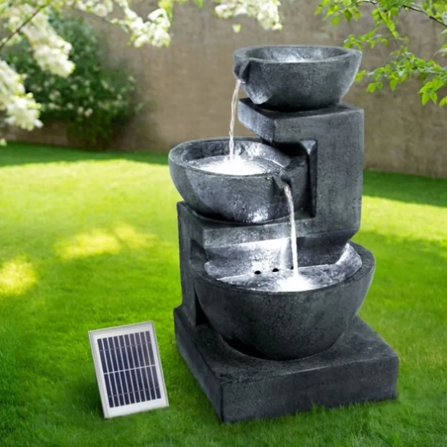 Gardeon Solar Water Feature Cascading Fountain 3-Tier Bowl LED Lights 60CM Blue FOUNT-BOWL-3LVL-BLUE