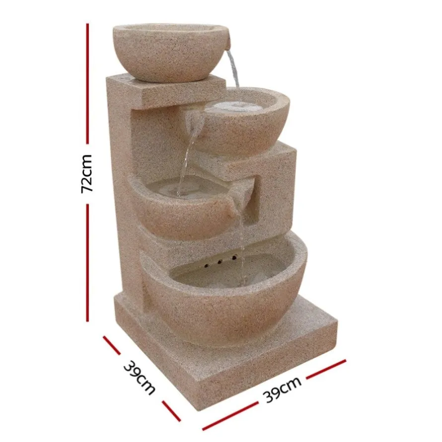 Gardeon Solar Water Feature Cascading Fountain 4-Tier Bowl LED Lights 72CM Sand FOUNT-BOWL-SAND