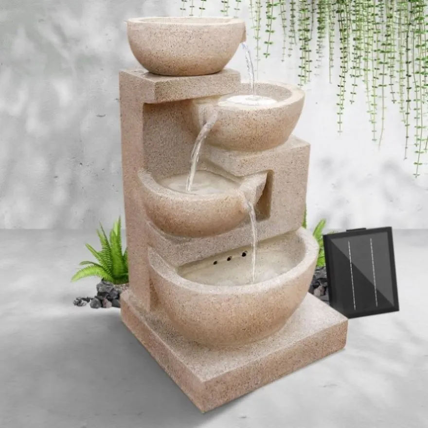Gardeon Solar Water Feature Cascading Fountain 4-Tier Bowl LED Lights 72CM Sand FOUNT-BOWL-SAND