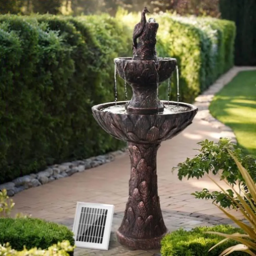 Gardeon Solar Water Feature Tier Fountain with Pump Kit Bird Bath 106CM Peacock FOUNT-PEACOCK-BK