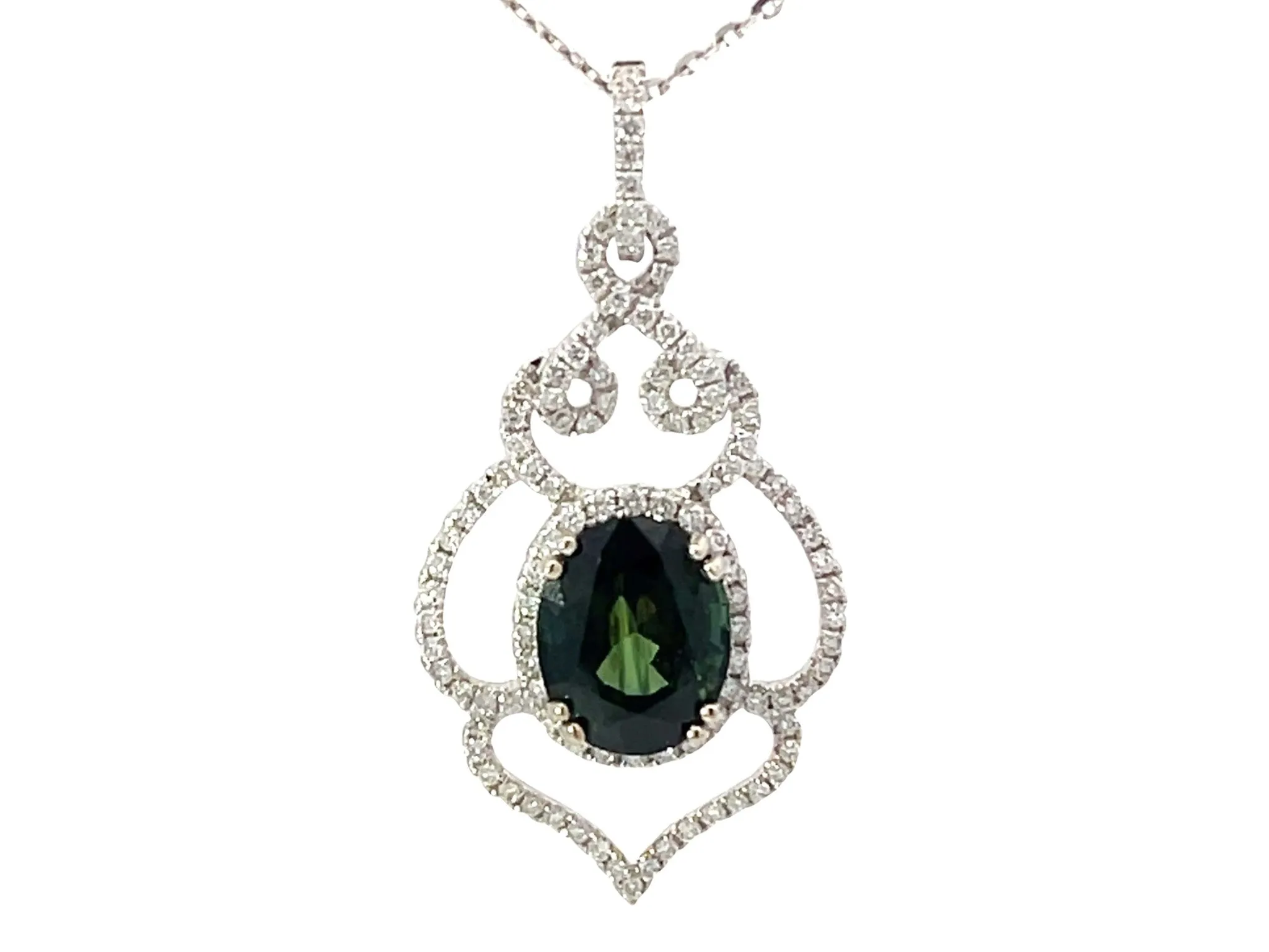GIA Green Sapphire Diamond Pendant and Chain White Gold
