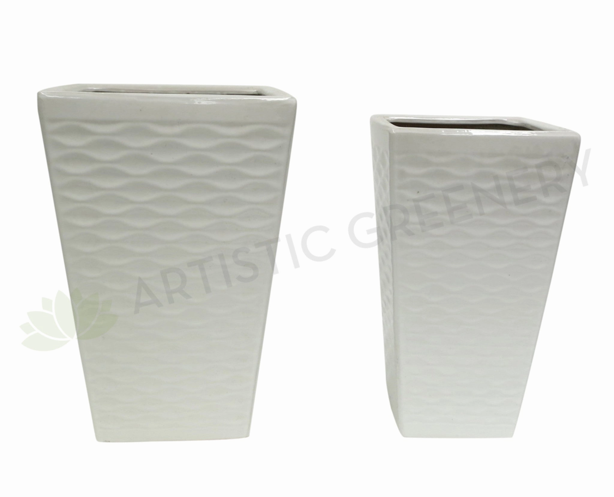 Glazed Tapered Ceramic Pot Ripple Pattern- White (Code: CER012) outdoor greenery  