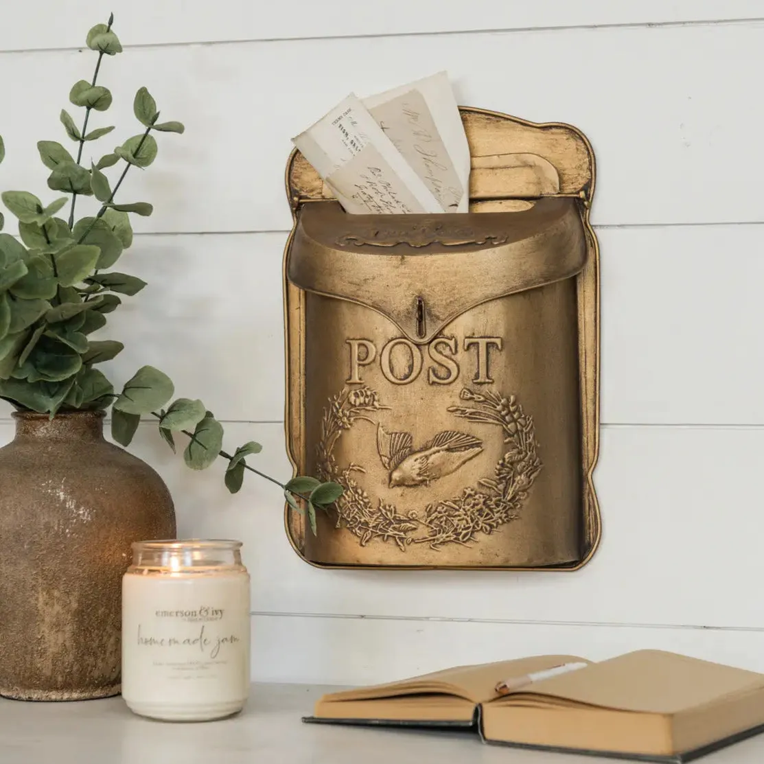 Gold Metal Post Mail Box dried flowers  