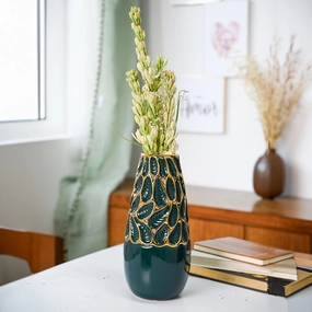 Golden & Teal Abstract Ceramic Vase dried green plant  