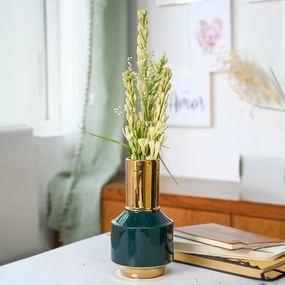 Golden & Teal Plain Ceramic Vase dried green plant  