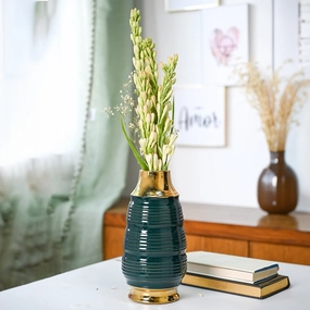 Golden & Teal Spiral Ceramic Vase dried green plant  