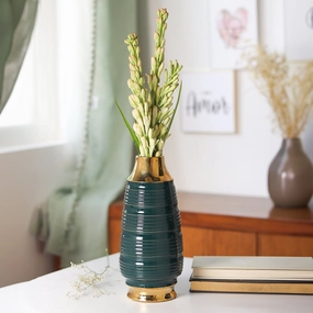 Golden & Teal Spiral Ceramic Vase dried green plant  