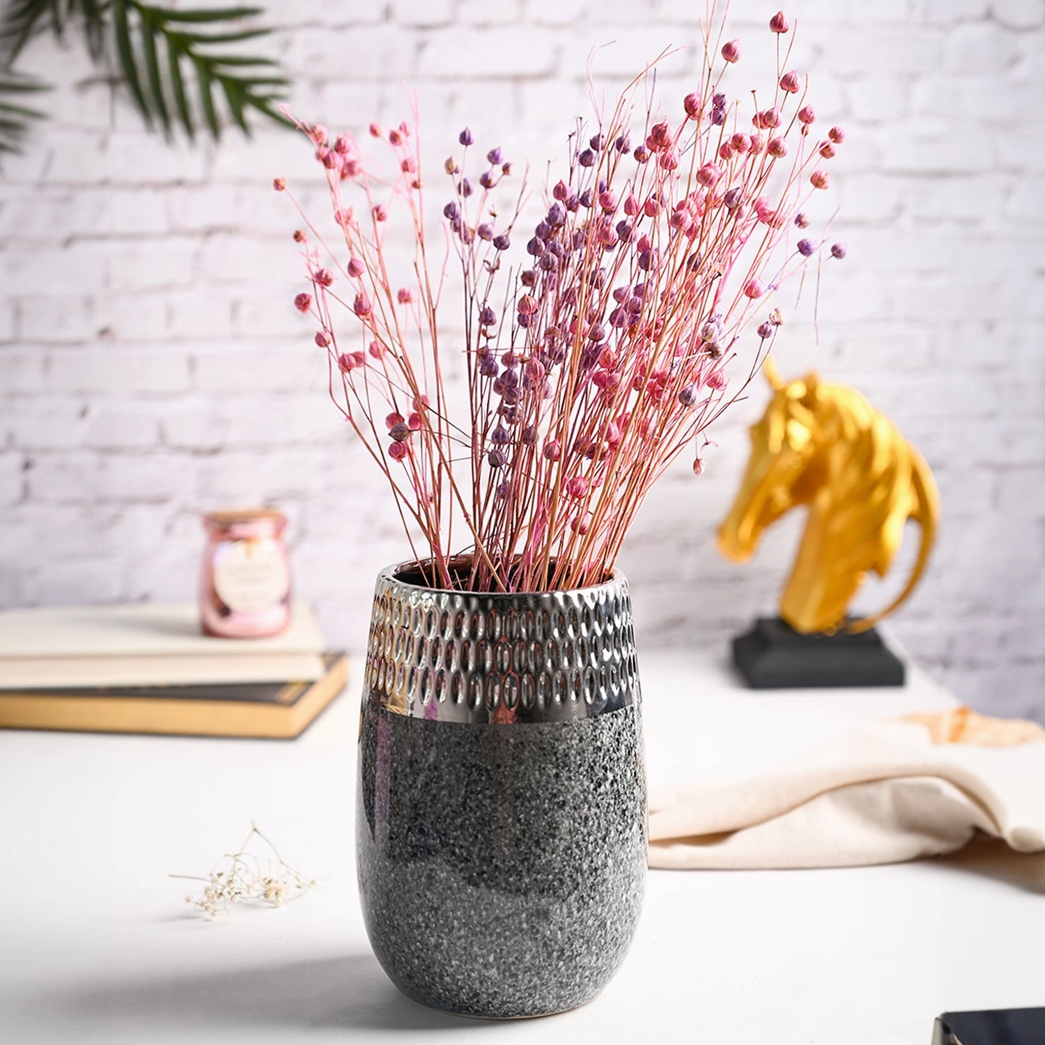 Golden Edge   Ceramic Vase dried green plant  