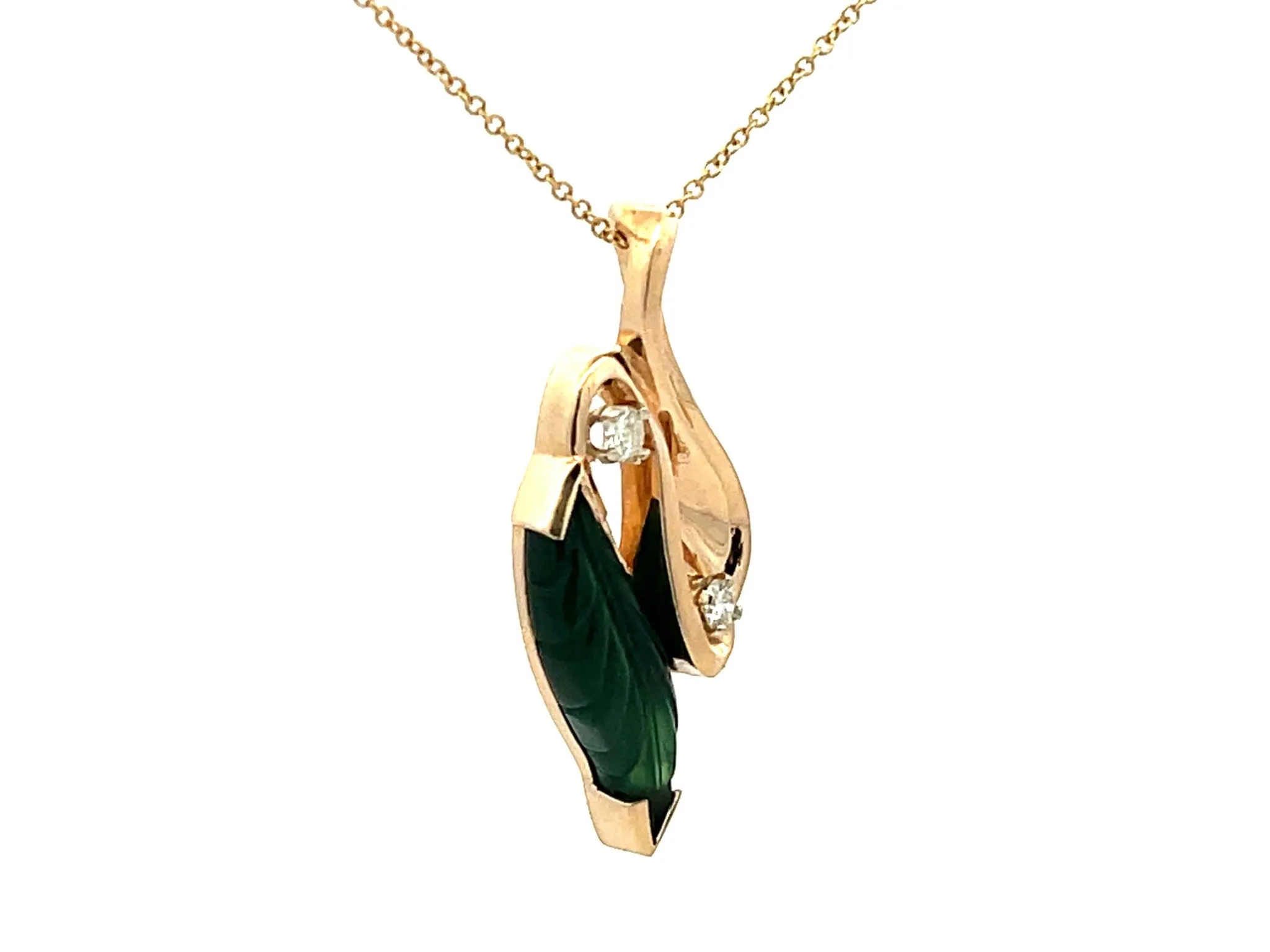 Green Agate Leaf and Diamond Necklace 14K Yellow Gold