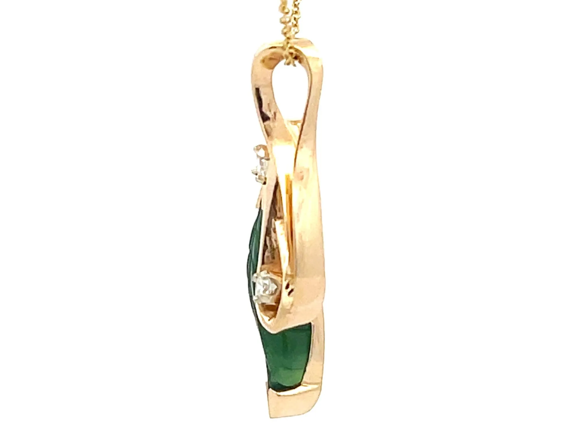 Green Agate Leaf and Diamond Necklace 14K Yellow Gold