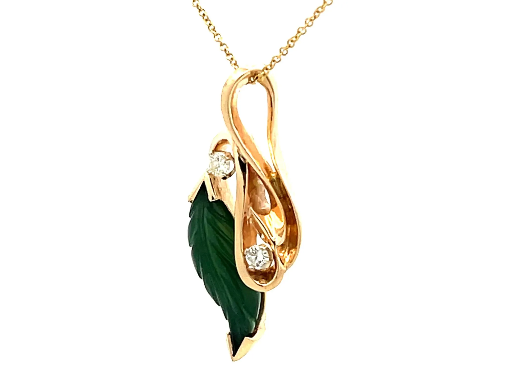 Green Agate Leaf and Diamond Necklace 14K Yellow Gold