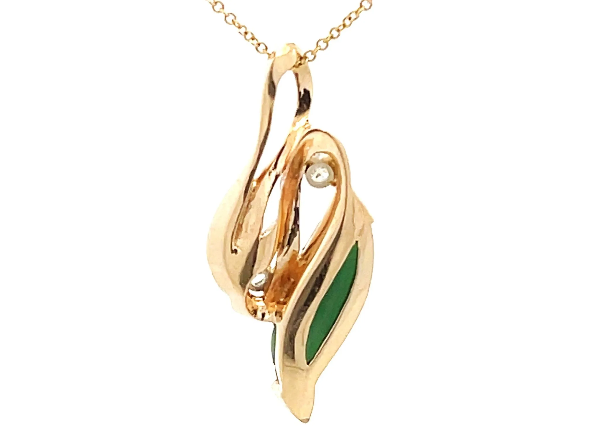 Green Agate Leaf and Diamond Necklace 14K Yellow Gold